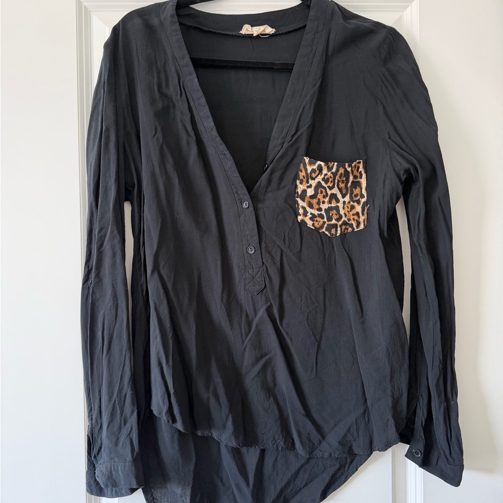 La Hearts Black Button-Down Top with Leopard Pocket